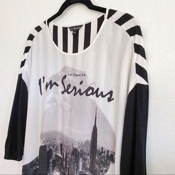La Chapelle Black White Stripe I'm Serious Top Size Large - Picture 2 of 8